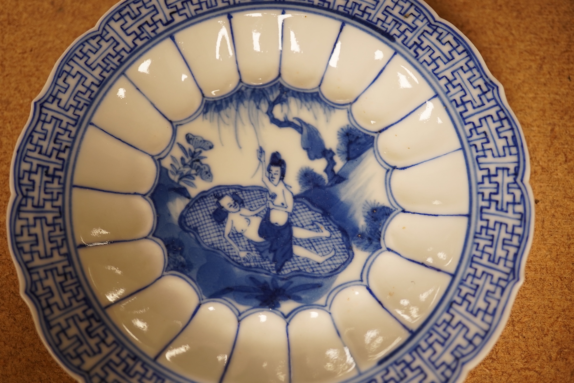 Two Chinese blue and white tea bowls and saucers, saucer 10cm diameter.